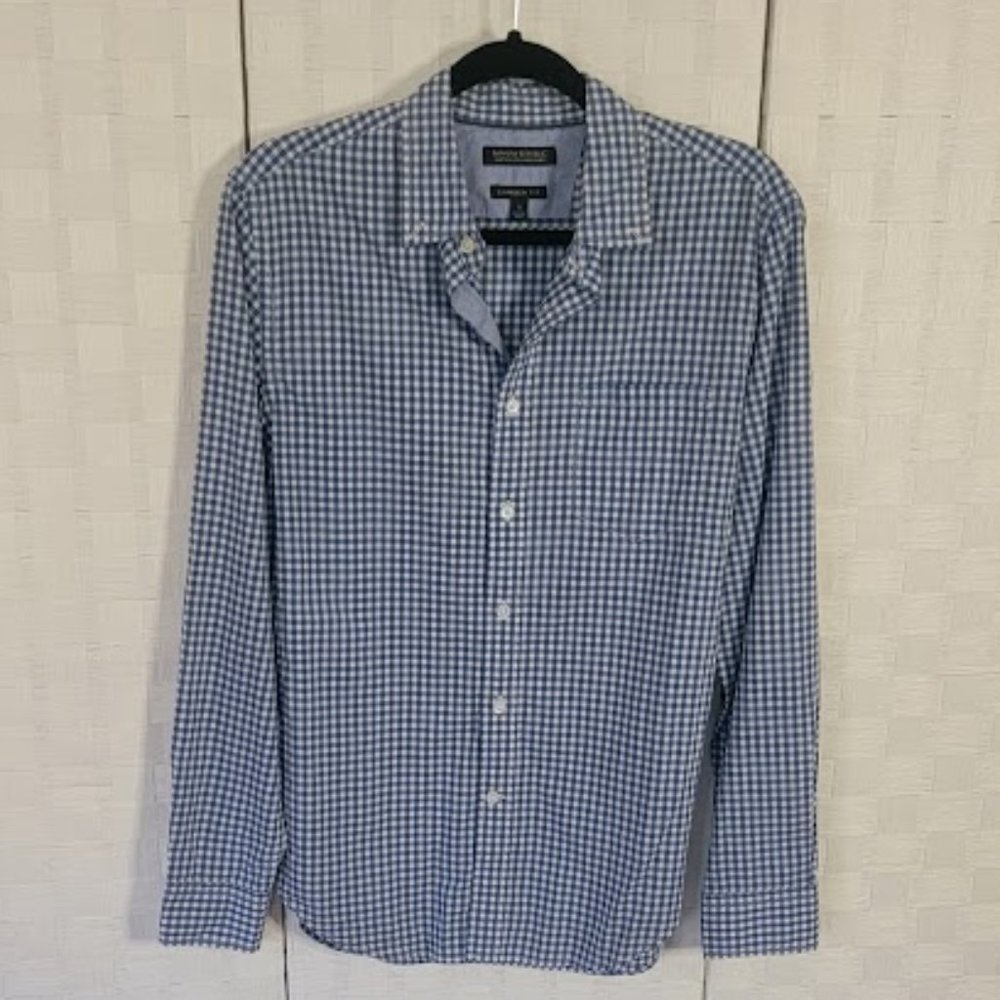 Banana Republic Men's Long Sleeve Shirt - S - Camden Fit, Blue White Checkers